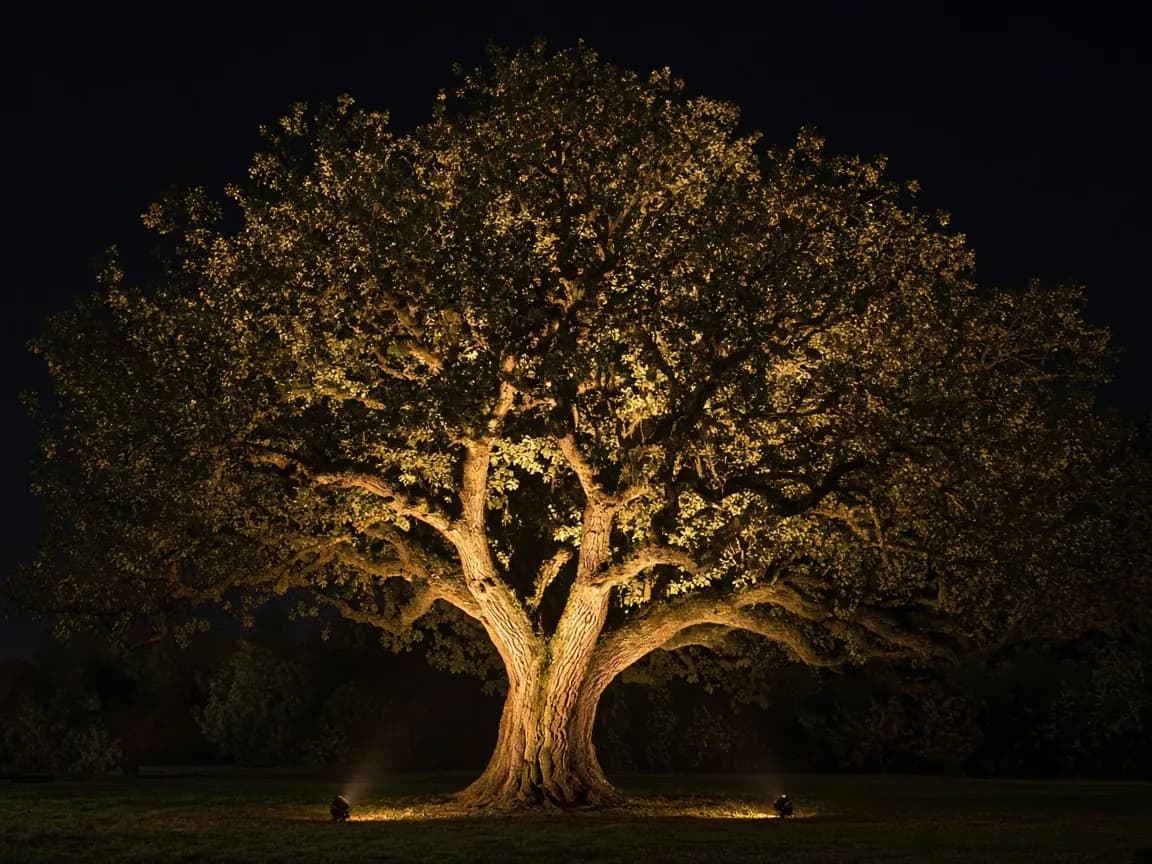Nighttime mature tree lit with a narrower beam on the trunk and wider beams into the canopy.