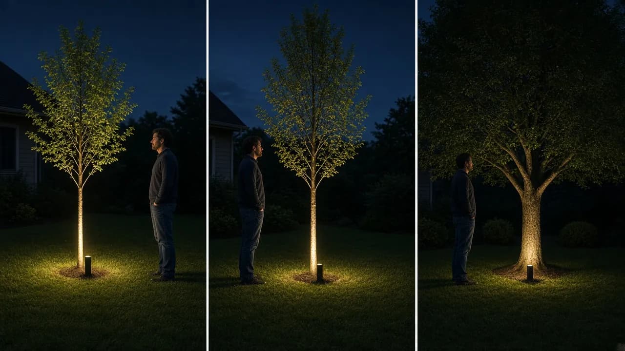 Three-panel growth timeline showing the same person and fixture at planting, year two, and later growth, with the original uplight becoming less effective as the tree matures.