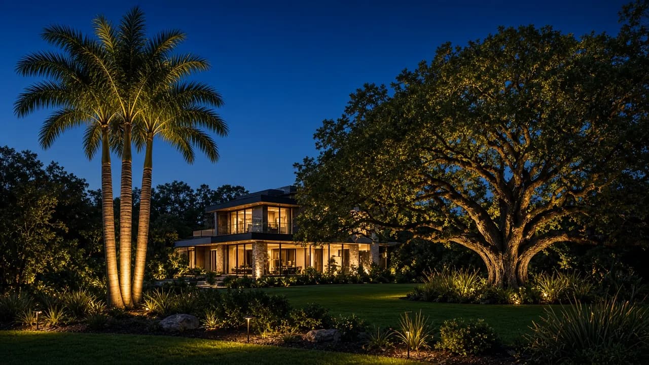 Premium residential nighttime landscape with a branching tree and a palm tree lit using different uplighting techniques.