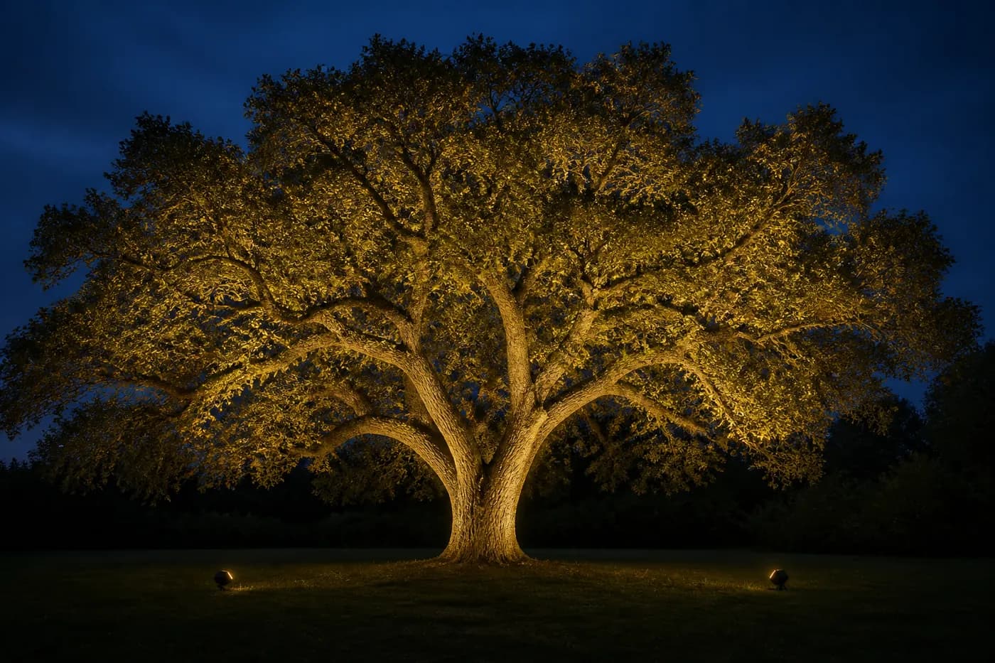 Two landscape spotlights farther from an oak trunk, with overlapping warm beams opening into the limbs and canopy at night.