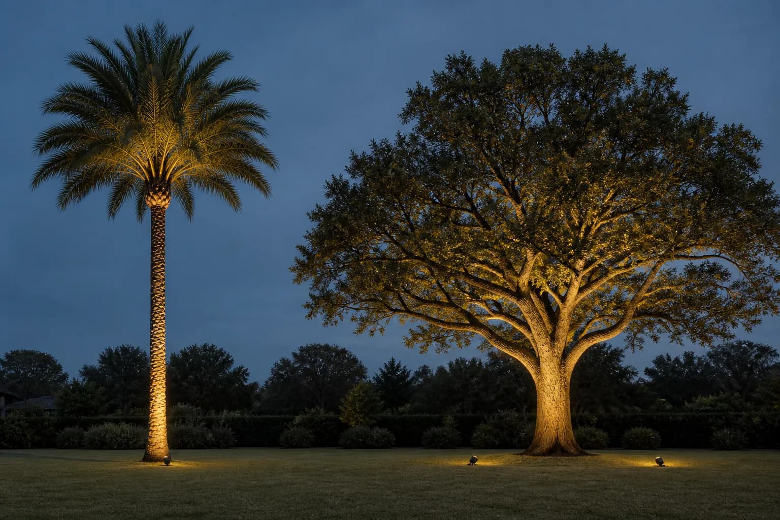 Night view of a tall palm uplit along the trunk beside a spreading oak lit from two sides into the canopy.