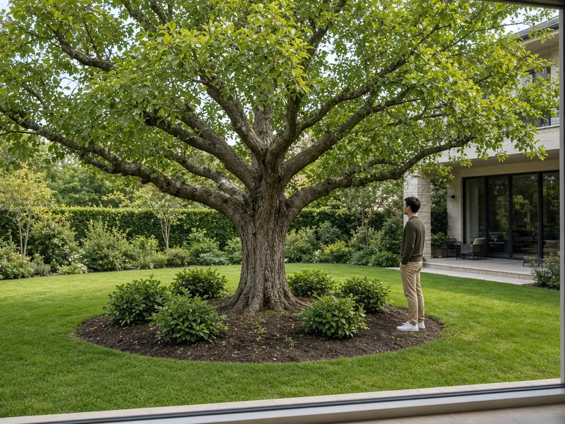 Daytime view of a mature tree beside a house, used to evaluate height, width, ground clearance, and viewing angle before choosing landscape lighting.