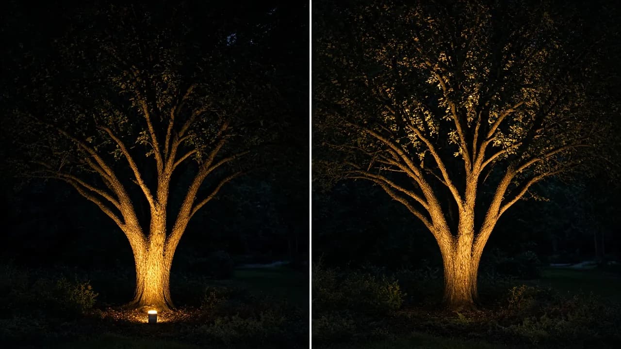 Side-by-side night comparison of a tree uplight placed too close to the trunk versus stepped back so the beam can open into the canopy.