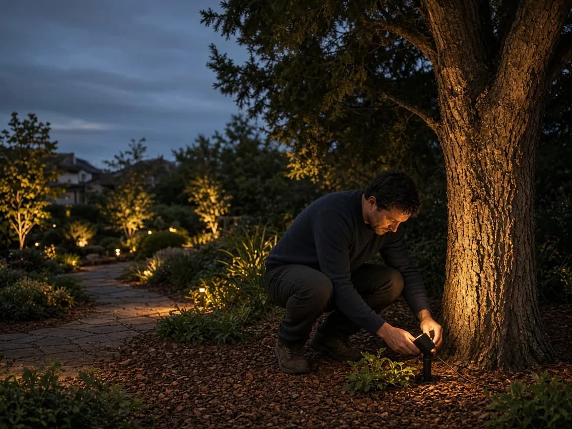 A person kneeling beside a directional tree uplight at dusk, resetting the fixture among a line of landscape lights.